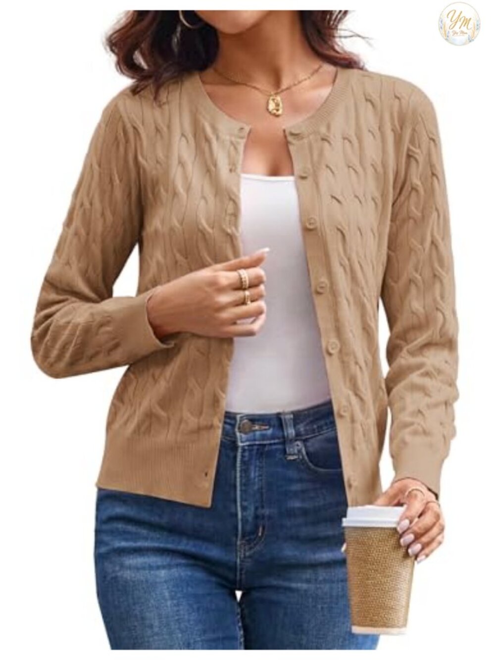 Cable Knit Button Up Cardigan Sweater Lightweight Cropped Fall Layer
